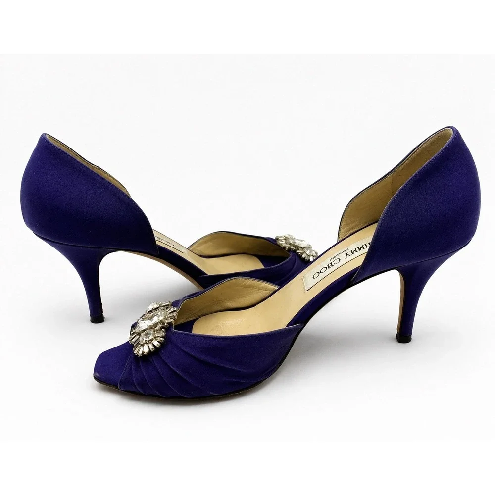 Jimmy‎ Choo Peep Toe Heels Women 38.5 Purple Fair Crystal Satin d'Orsay Pumps